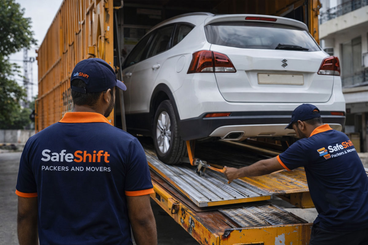 Car being loaded on carrier truck for transport from Aurangabad