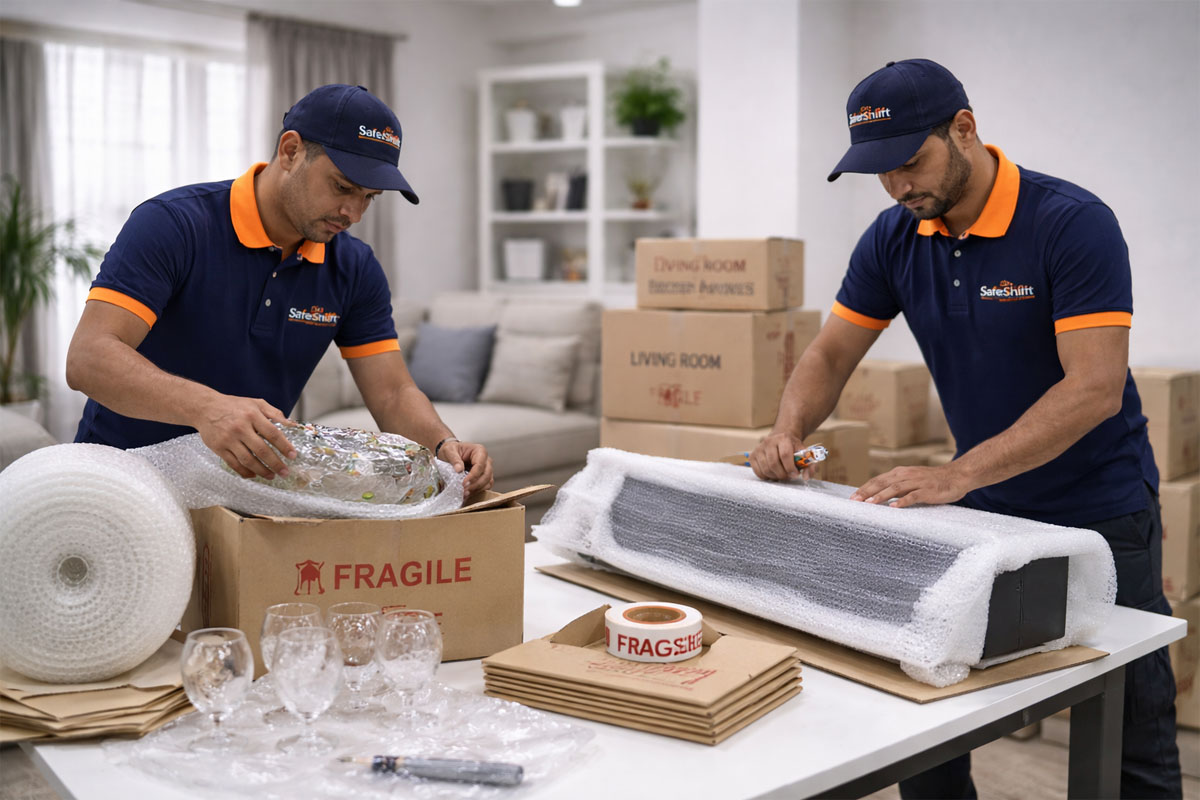 Professional packing with bubble wrap and corrugated boxes by SafeShift Aurangabad